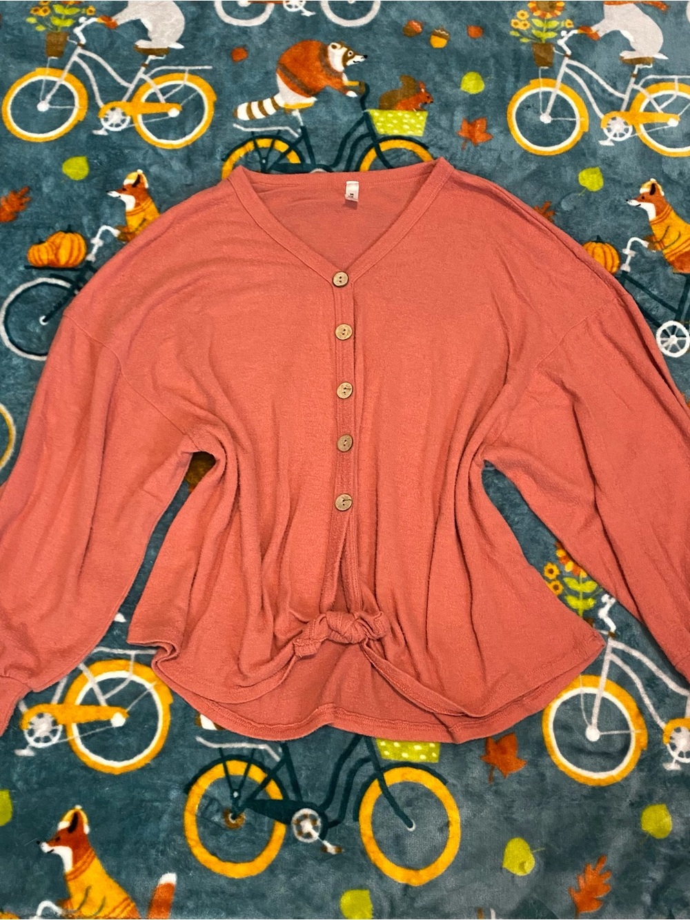 Autumn Blouse Coral Button Down Tie Front Long Puff Sleeve - Women’s M